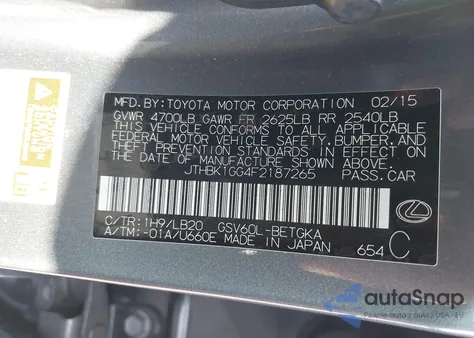 2015 Lexus Es 350 from USA, damaged, VIN JTHBK1GG4F2187265